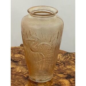 Merigold Carnival‎ Glass Vase Stork Heron Cattails Flowers Iridescent Vintage